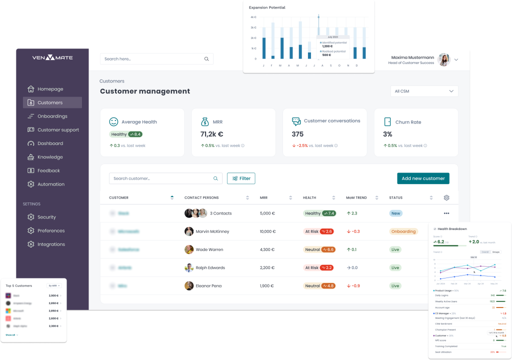 VENMATE Customer Success Management Software - Customer Management Screen and Customer health Score