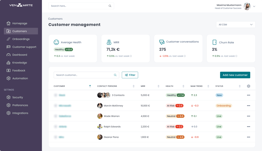 VENMATE CSM Platform | Customer list view